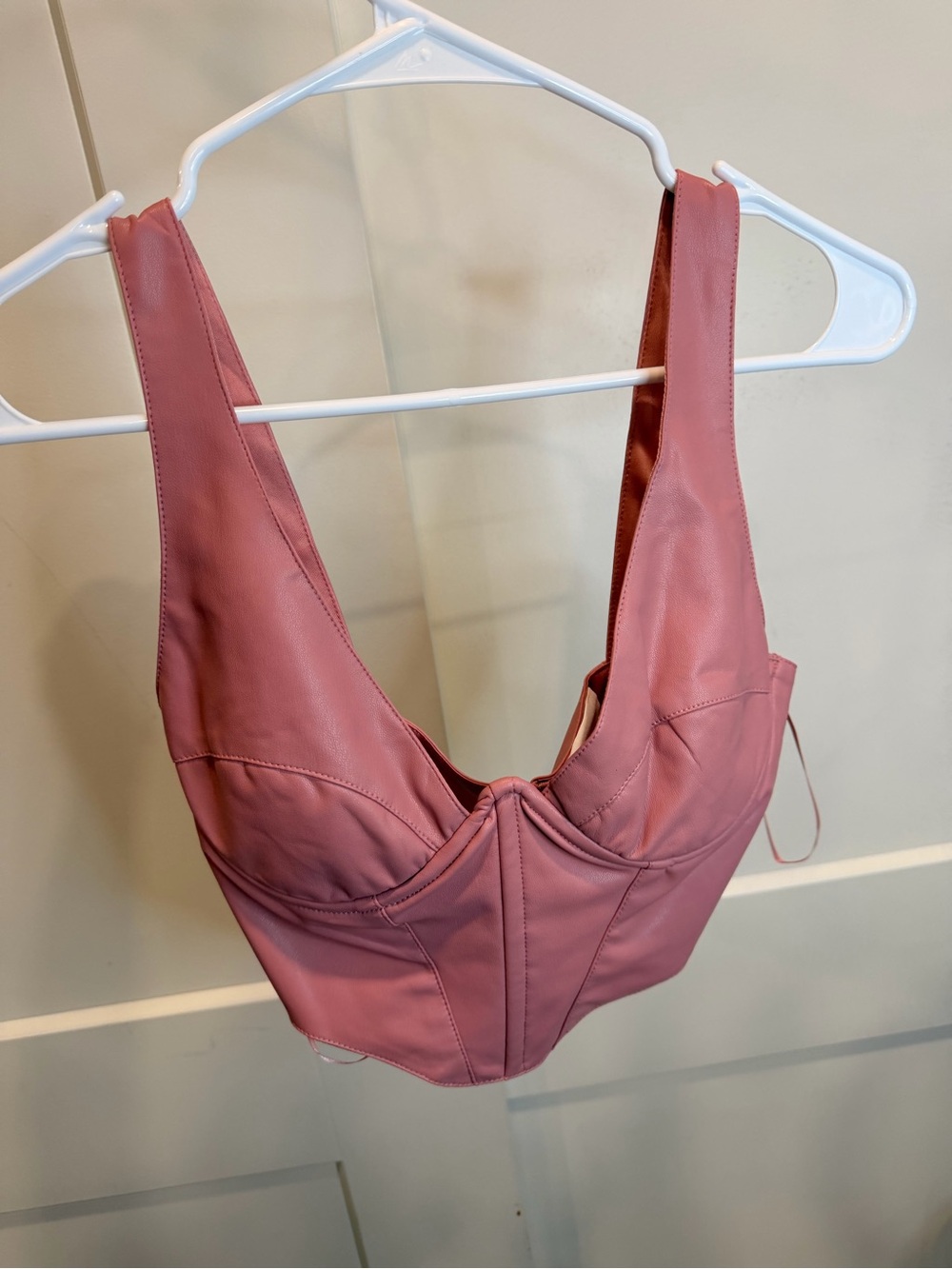 Scoop-Neck Pink Leather Crop Bustier Top
